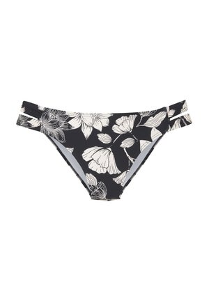 Bikini-Höschen aus schwarzem Stoff mit weißen Blumenmustern. Das Design umfasst eine niedrige Bundhöhe und doppelte Trägerakzente an den Seiten.