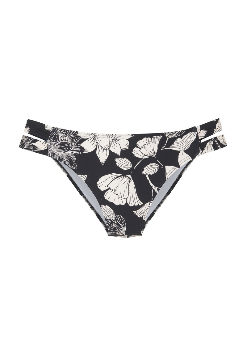 Bikini-Höschen aus schwarzem Stoff mit weißen Blumenmustern. Das Design umfasst eine niedrige Bundhöhe und doppelte Trägerakzente an den Seiten.
