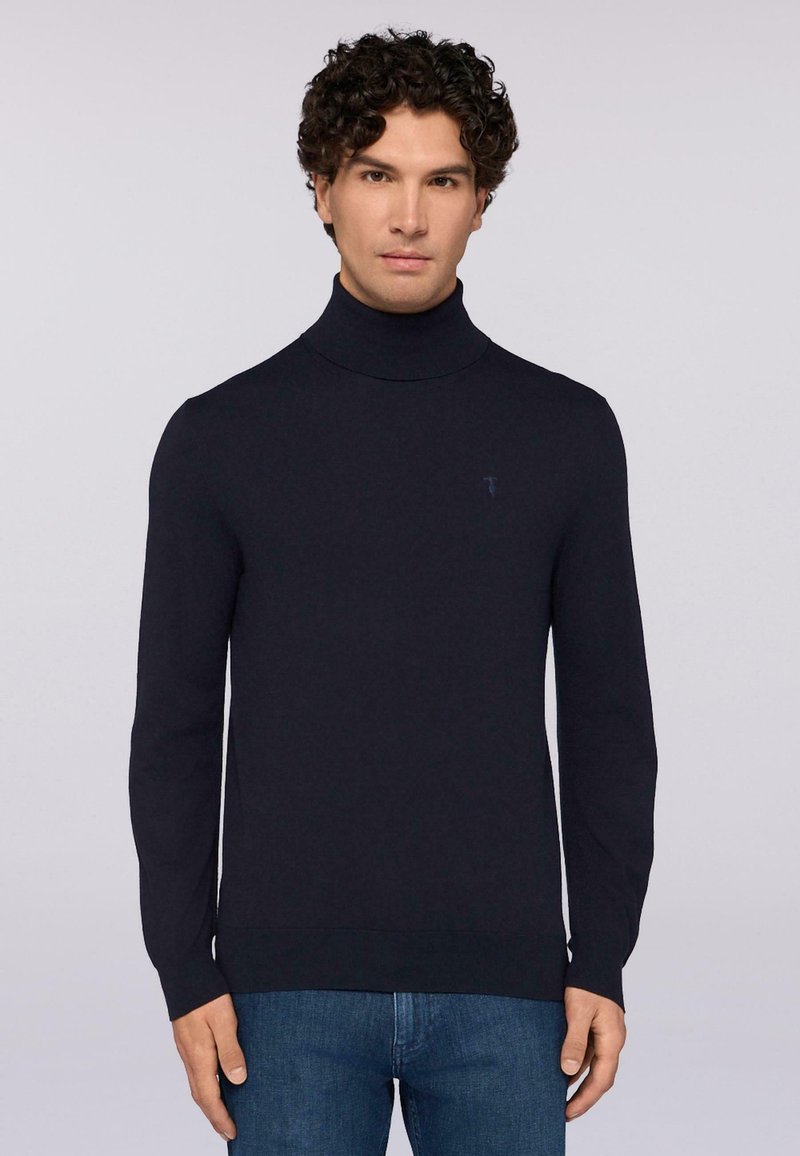 Maglione a collo alto blu navy con maniche lunghe, realizzato in tessuto a maglia, con un logo ricamato discreto sul petto.