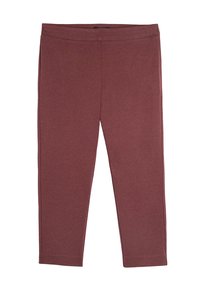 Legginsy w bordowym rozciągliwym materiale z elastycznym paskiem w talii. Charakteryzują się gładką fakturą i dopasowanym krojem. Idealne do odzieży sportowej.