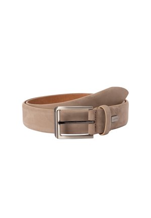 Beige suede belt with silver rectangular buckle, rolled up, featuring a small metal tag with brand name "LLOYD" on the strap.