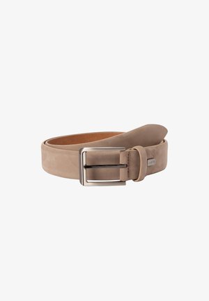 Beige suede belt with silver rectangular buckle, rolled up, featuring a small metal tag with brand name "LLOYD" on the strap.