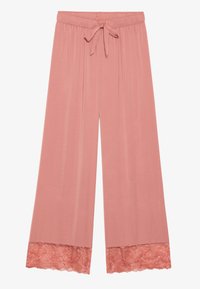 Ružovo-oranžové široké nohavice vyrobené z mäkkej látky s elastickým pásom a čipkovým lemovaním na okraji. Zviazanie v páse pre prispôsobenie.