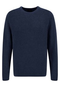 Dunkelblau gestrickter Pullover mit rundem Halsausschnitt, geripptenÄrmeln und Saum, der einen strukturierten Stoff mit subtilen Variationen im Garn aufweist.