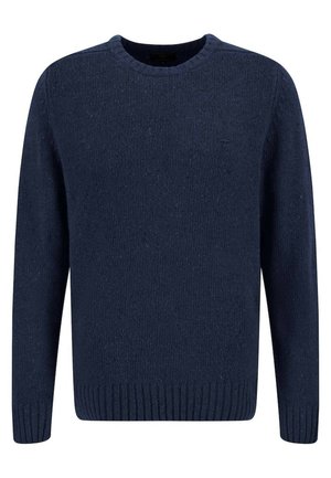 Suéter de punto azul marino con cuello redondo, puños y dobladillo acanalados, que presenta un tejido texturizado con sutiles variaciones en el hilo.