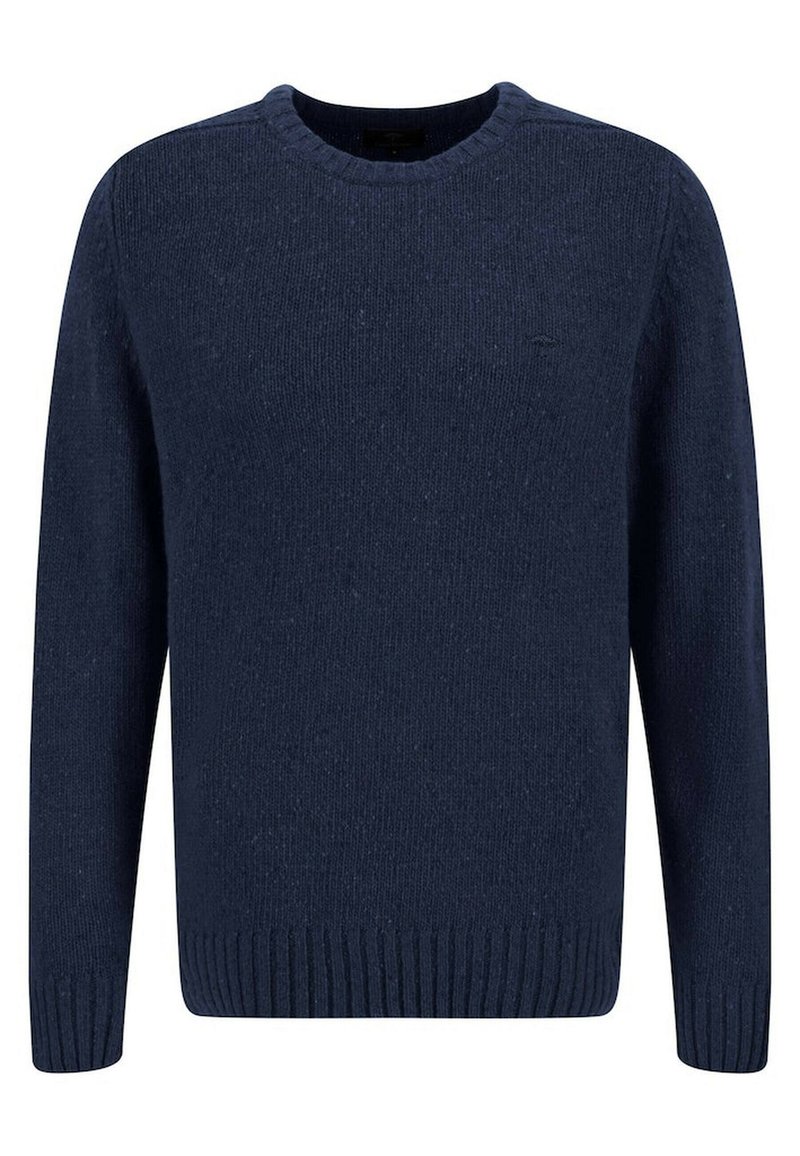 Dunkelblau gestrickter Pullover mit rundem Halsausschnitt, geripptenÄrmeln und Saum, der einen strukturierten Stoff mit subtilen Variationen im Garn aufweist.