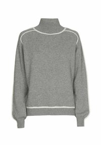 Grijze coltrui gemaakt van zacht breimateriaal. Heeft een witte afwerking langs de naden en oversized, geribbelde manchetten. Eenvoudig en modern ontwerp.