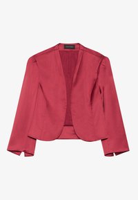 Červený blazer s hladkým materiálom, strihom na mieru, otvoreným predným dielom a dlhými rukávmi. Vyniká jemným leskom a nemá viditeľné uzávery ani ozdoby.