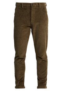 Pantalons en velours côtelé marron avec une coupe droite, dotés d'une fermeture à bouton, de poches latérales et de revers pour un look décontracté.