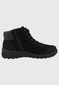 Stivaletti neri alti in suede e tessuto, con un colletto in pile grigio, zip laterale e suola in gomma spessa con presa testurizzata.