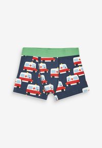 Bokser-shorts lavet af strækbart bomuld med en grøn talje. Har en marineblå baggrund og et gentaget mønster af røde og hvide ambulanser.