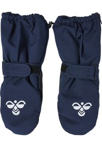 Marine wasserdichte Fäustlinge aus strapazierfähigem Stoff, mit elastischen Bündchen und einem Klettverschluss. Weißes Logo, das auf den Handflächen gedruckt ist.