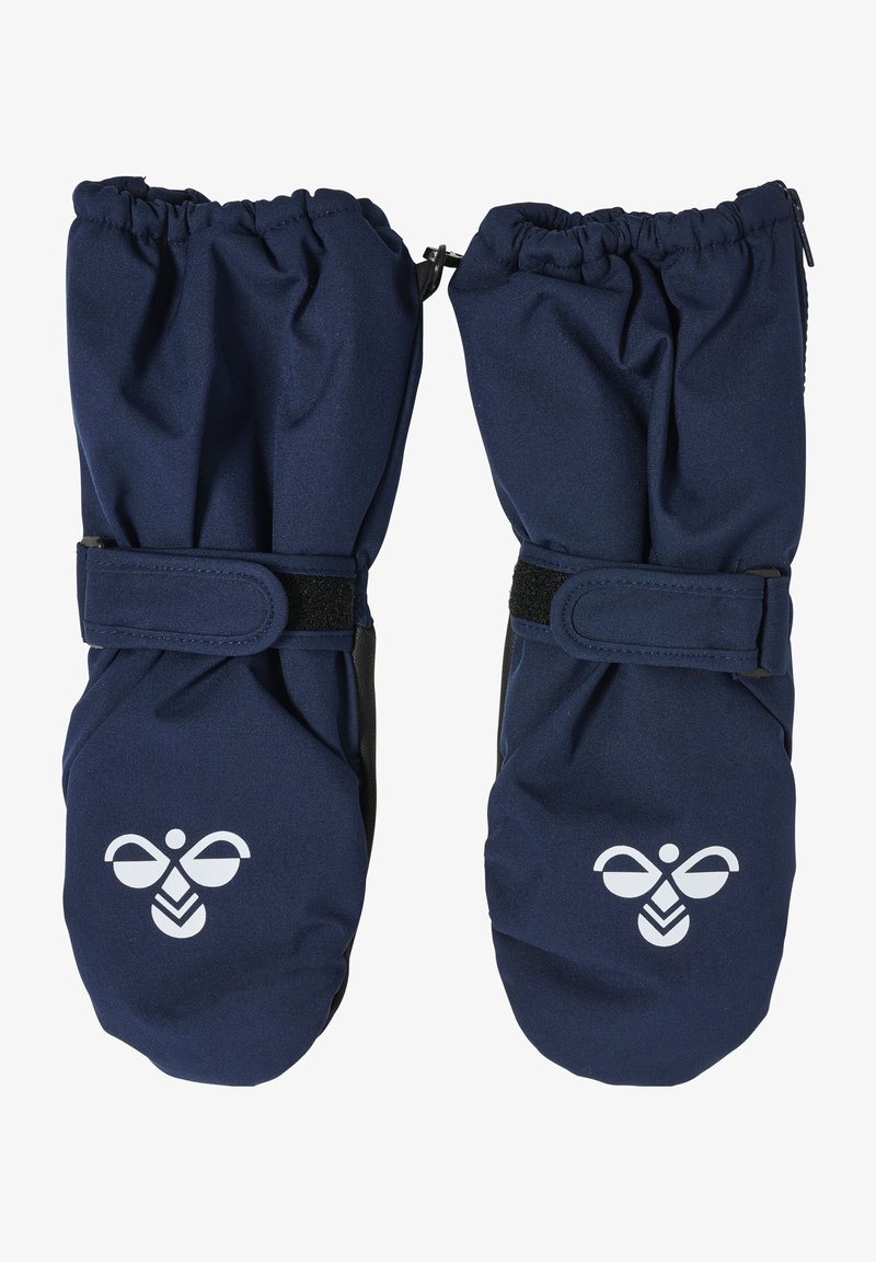 Marine wasserdichte Fäustlinge aus strapazierfähigem Stoff, mit elastischen Bündchen und einem Klettverschluss. Weißes Logo, das auf den Handflächen gedruckt ist.