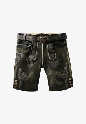 Pantalones cortos de lederhosen de cuero en verde oscuro con bordados decorativos. Presentan un cinturón ancho y botones de metal a lo largo de los lados. Acabado texturizado.