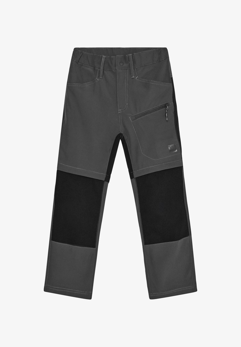 Pantalon de travail gris avec sections genouillères renforcées noires, cinq poches dont une poche latérale zippée, et des détails de couture contrastants blancs.