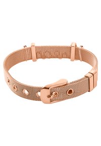 Pulsera de malla en oro rosa con un diseño texturizado, longitud ajustable con múltiples agujeros y un cierre seguro.