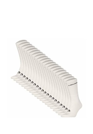 Stack of white crew-length socks with black logo on the ankle and black text on the cuff, arranged diagonally on a white background.