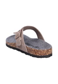 Sandal beige slip-on singolo con suola in sughero, morbido sottopiede grigio e cinturino in mesh regolabile con fibbia su sfondo bianco.