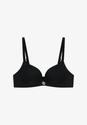 Schwarzer, geformter BH mit verstellbaren Trägern, minimalistisches Design, glatte Textur, mit einem Logo-Akzent in der Mitte des Bundes.