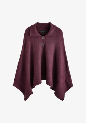 Bourgogne poncho med krage, som har två knappar framtill, tillverkad av ett mjukt stickat material med en flödande, asymmetrisk form.