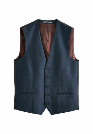 Mørkeblå, ærmeløs vest med fem sorte knapper, to frontlommer og maroon mønstret for. Struktureret stof med glatte detaljer.
