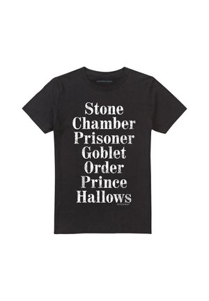 Black short-sleeve t-shirt with white distressed text listing "Stone Chamber Prisoner Goblet Order Prince Hallows" vertically on front.