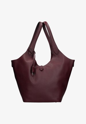 Grand sac fourre-tout en cuir bordeaux foncé avec doubles anses d'épaule et petit détail de fermeture à bouton sur le devant.