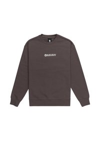 Sudadera marrón oscuro con cuello redondo, puños y dobladillo acanalados, que presenta un logo blanco de "ELEMENT" en el pecho. Textura suave, ajuste casual.