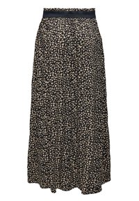 Jupe maxi noire à coupe ample, comportant un motif floral en crème et beige, avec une taille lisse et élastique.