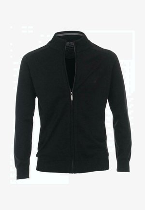 Zwarte rits cardigan met hoge kraag, ribbelmanchetten en -zoom, gemaakt van textuur gebreide stof, met een klein logo op de linkerbovenborst.