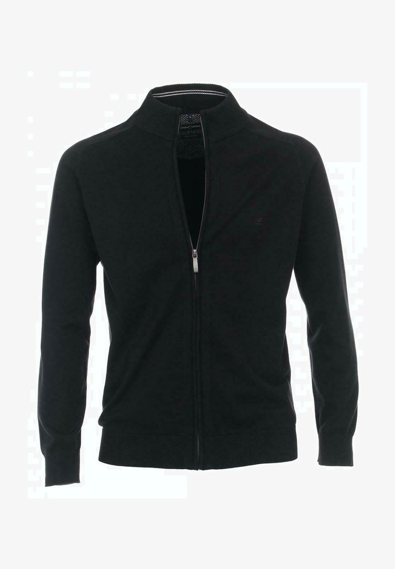 Zwarte rits cardigan met hoge kraag, ribbelmanchetten en -zoom, gemaakt van textuur gebreide stof, met een klein logo op de linkerbovenborst.