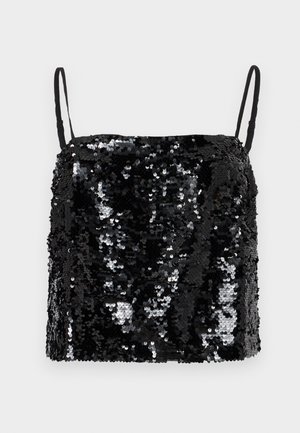 Haut noir à sequins avec fines bretelles réglables, présentant un décolleté carré et une surface texturée créée par des sequins superposés.