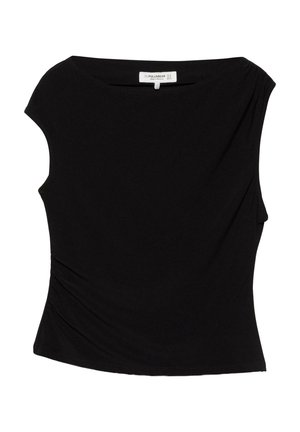 Fekete, ujjatlan, testhezálló felső hajónyakkivágással és finom oldalráncolással, közepes méret, Pull&Bear márkájú.
