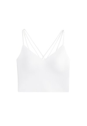 Witte cropped bralette met dunne, kruislings verstelbare bandjes en een gladde, rekbare stof. Heeft een V-halslijn en een minimalistisch ontwerp.