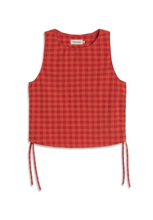 Haut court sans manches à carreaux rouges avec encolure ronde et liens sur les côtés, confectionné dans un tissu texturé.