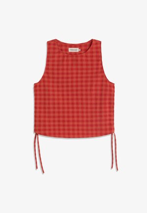 Haut court sans manches à carreaux rouges avec encolure ronde et liens sur les côtés, confectionné dans un tissu texturé.