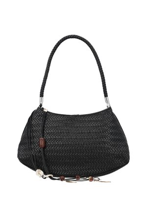 Czarna pleciona skórzana torebka z plecioną rączką, ozdobiona dekoracyjnymi koralikami i zawieszkami wiszącymi na długich skórzanych sznurkach.