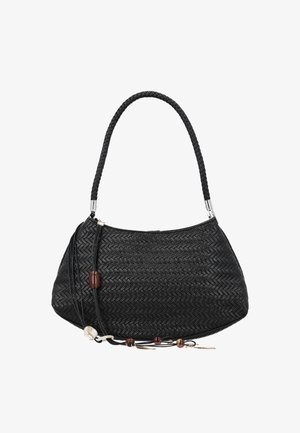 Schwarze gewebte Lederhandtasche mit geflochtenem Griff, verziert mit dekorativen Perlen und Anhängern, die von langen Lederbändern hängen.