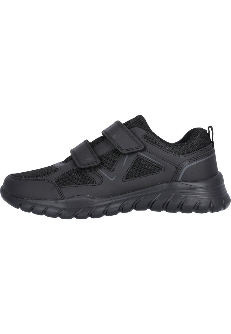 Baskets de sport noires avec une tige en tissu texturé, des superpositions synthétiques et des doubles sangles Velcro. Semelle en caoutchouc épaisse avec des rainures de traction.