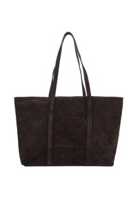 Torba typu tote z ciemnobrązowego zamszu z dwoma długimi uchwytami, prostokątnym kształtem i przednią kieszenią; gładka tekstura o matowym wykończeniu.