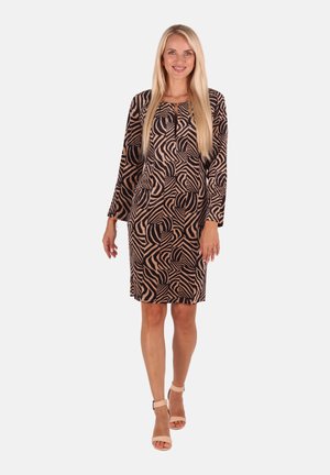 Langärmliges Kleid mit einem schwarzen und braunen abstrakten Muster, knielanger Schnitt und rundem Ausschnitt. Glattes Material und lockere Passform.