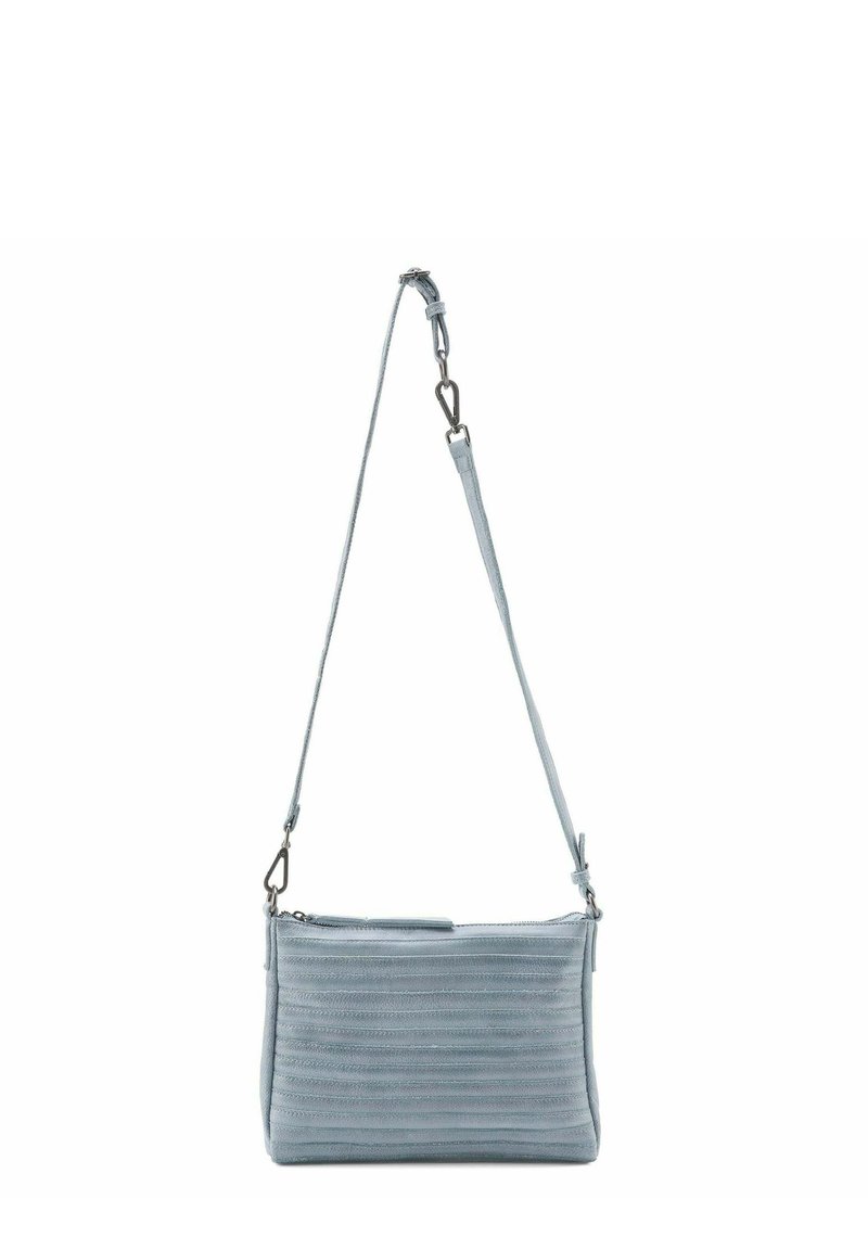 Borsa a tracolla blu chiaro con strisce orizzontali testurizzate, dotata di una cerniera superiore e di una tracolla regolabile con hardware in metallo.