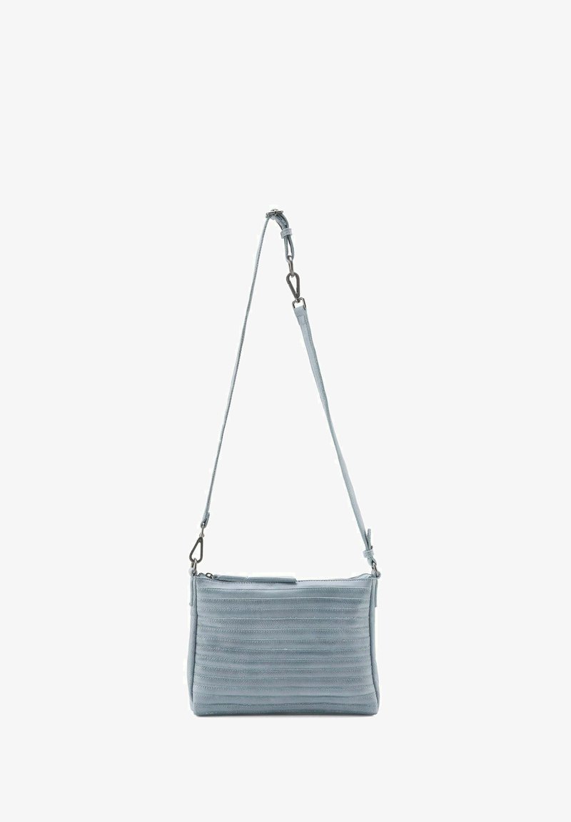 Borsa a tracolla blu chiaro con strisce orizzontali testurizzate, dotata di una cerniera superiore e di una tracolla regolabile con hardware in metallo.