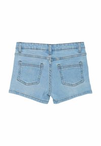 Jeansshorts, ljusblå färg, medelhög midja. Har två bakfickor med rektangulära former och ljusa sömdetaljer.