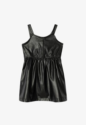 Abito in ecopelle nera con sottili spalline, corpetto aderente e gonna arricciata per maggiore volume. Tessuto liscio, lunghezza al ginocchio.