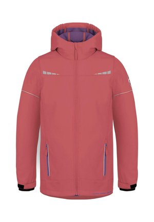 Rote Outdoor-Jacke mit Kapuze, silbernen Akzenten, Reißverschlusstaschen und elastischen Bündchen. Glatte Textur und modernes Design.