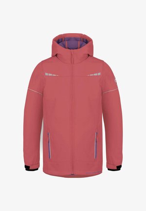 Rote Outdoor-Jacke mit Kapuze, silbernen Akzenten, Reißverschlusstaschen und elastischen Bündchen. Glatte Textur und modernes Design.