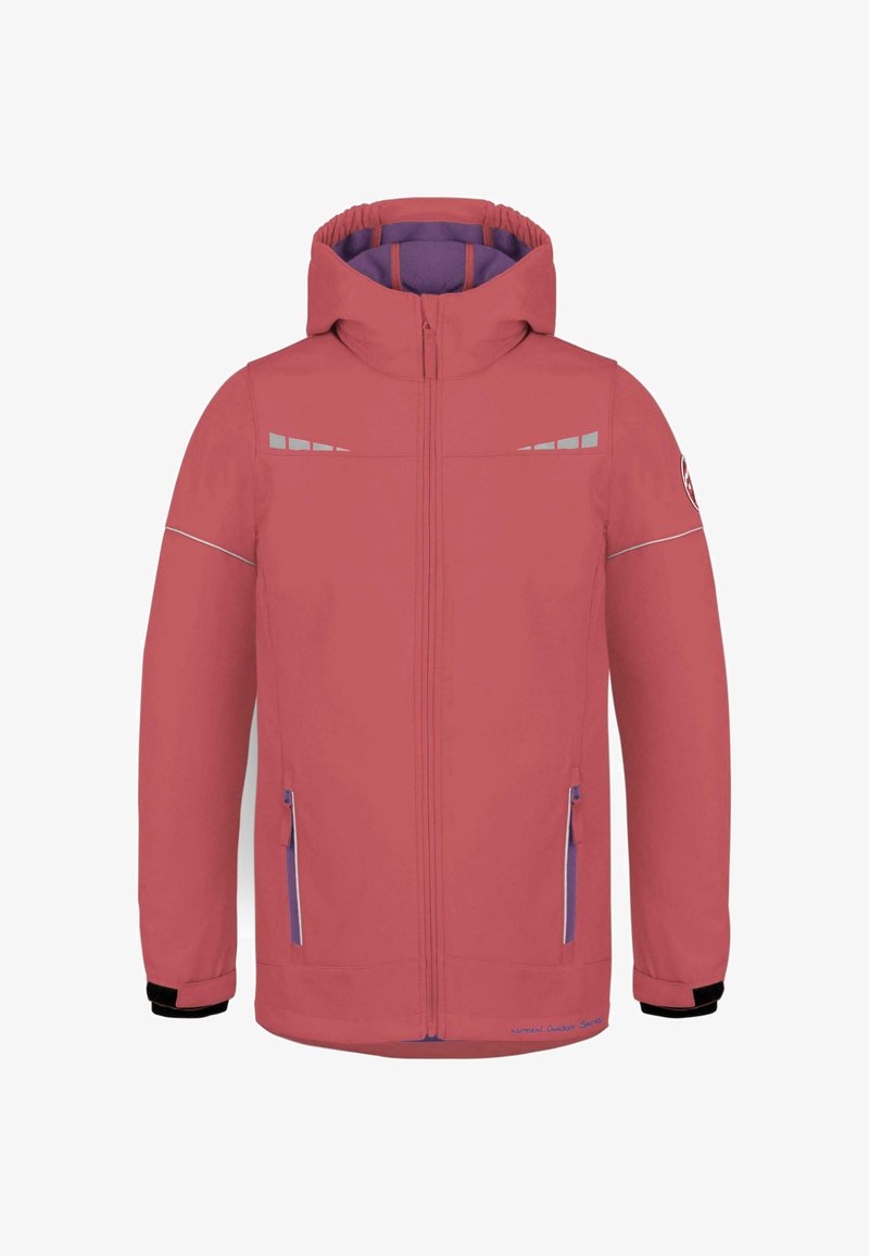 Rote Outdoor-Jacke mit Kapuze, silbernen Akzenten, Reißverschlusstaschen und elastischen Bündchen. Glatte Textur und modernes Design.