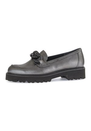 Gray leather loafer with a textured bow accent, rubber lug sole, and rounded toe. Features stitching around the edge for added detail.