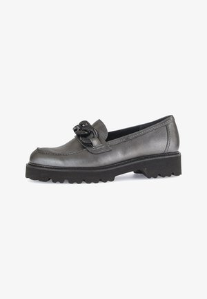 Gray leather loafer with a textured bow accent, rubber lug sole, and rounded toe. Features stitching around the edge for added detail.